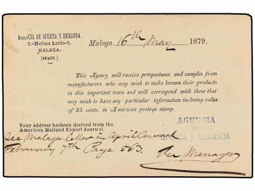 ✉ ESPAÑA. Ed. 8. 1879. MÁLAGA a NEW YORK. 5 cts. azul con fr