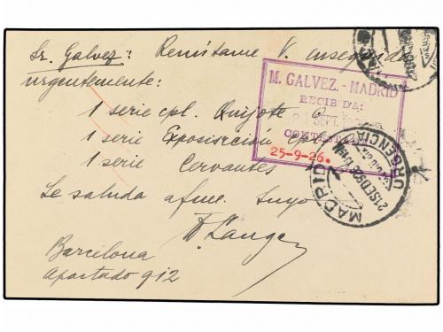 ✉ ESPAÑA. Ed. 57. 1926. BARCELONA a MADRID. 15 cts. lila y s