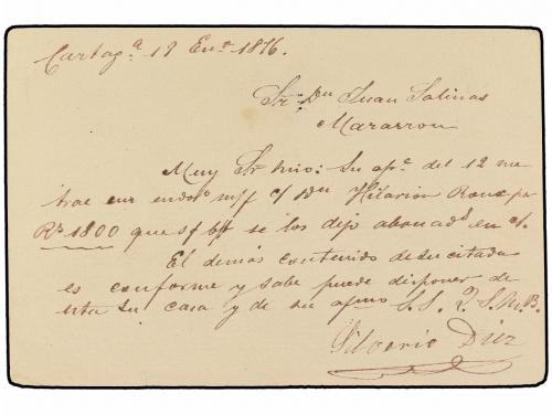 ✉ ESPAÑA. Ed. 8. 1876. CARTAGENA a MAZARRON. 5 cts. azul, ma