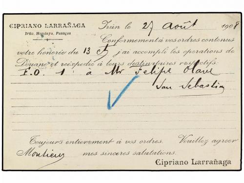 ✉ ESPAÑA. Ed. 47. 1908. IRUN a VIENA. 10 cts. naranja, mat. 