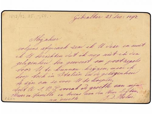 ✉ ESPAÑA. Ed. 31. 1897. GIBRALTAR a HOLANDA. Entero Postal d