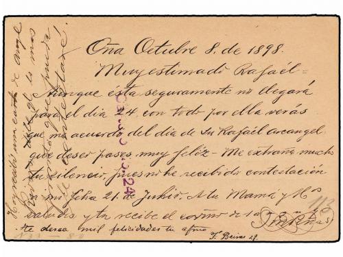 ✉ ESPAÑA. Ed. 27. 1898. OÑA a MÉXICO. 10 cts. castaño, mat. 