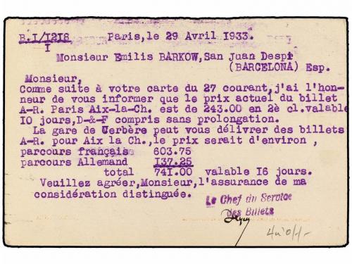 ✉ ESPAÑA. Ed. 58v. 1933. PARÍS a BARCELONA. 15 cts. amarillo