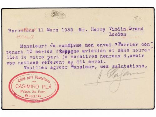 ✉ ESPAÑA. Ed. 68A. 1932. BARCELONA a LONDRES. 25 cts. azul h