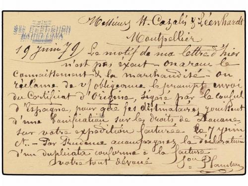 ✉ ESPAÑA. Ed. 8. 1879. BARCELONA a FRANCIA. Entero de 5 cts.