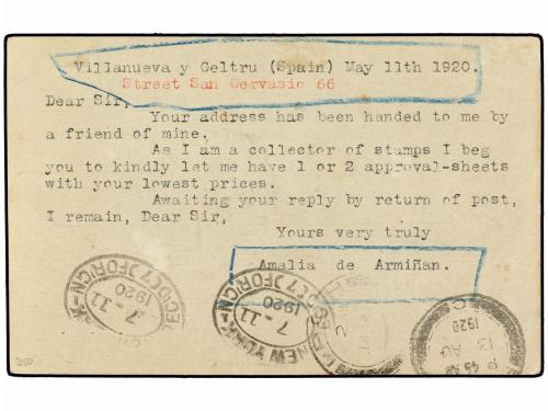 ✉ ESPAÑA. Ed. 53. 1920. VILLANUEVA y GELTRU a IPOH (Malasia)