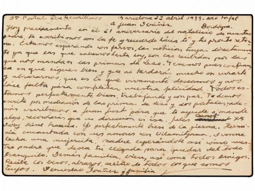 ✉ ESPAÑA GUERRA CIVIL. 1939. BARCELONA a DORDOGNE. Entero Po