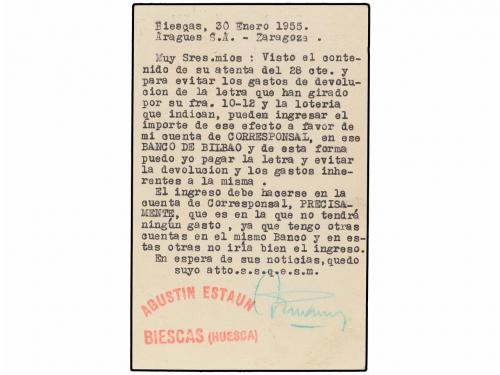 ✉ ESPAÑA. Ed. 84. 1955. BIESCAS a ZARAGOZA. 45 cts. carmín c