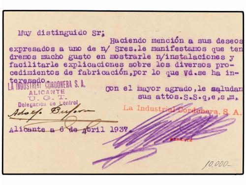 ✉ ESPAÑA. Ed. 69. 1937. ALICANTE correo interior. 15 cts. li