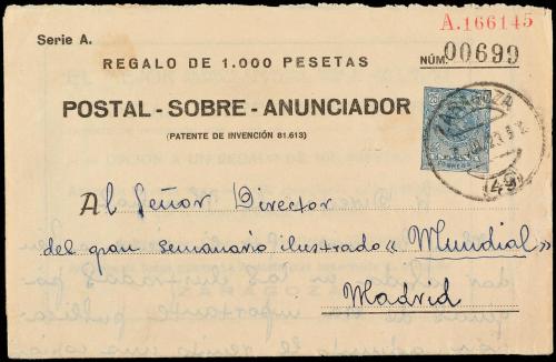 ✉ ESPAÑA. Ed. 355. 1923. ZARAGOZA a MADRID. 25 cts. azul POS