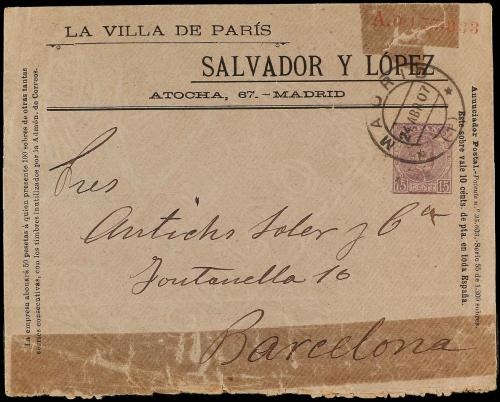 ✉ ESPAÑA. Ed. 156A. 1907. MADRID a BARCELONA. 15 cts. violet