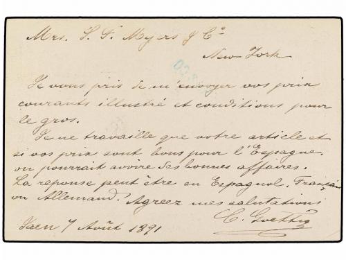 ✉ ESPAÑA. 1891. JAÉN a NEW YORK. Tarjeta Postal Particular d