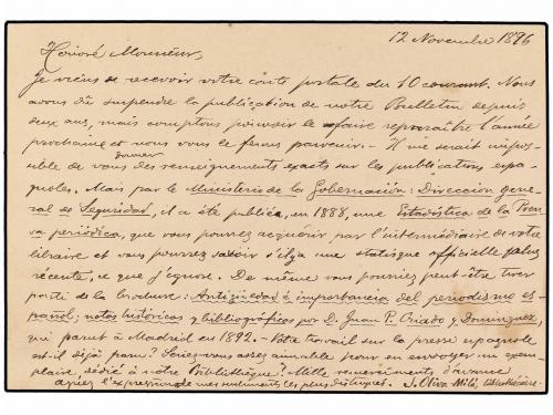 ✉ ESPAÑA. 1896. VILLANUEVA y GELTRU a FRANCIA. Tarjeta Posta