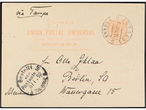 ✉ CUBA. Ed. 12. 1892. HABANA a ALEMANIA. 3 ctvos. rosa, lleg