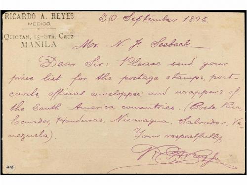 ✉ FILIPINAS. 1895. MANILA a NEW YORK. Tarjeta Postal Privada