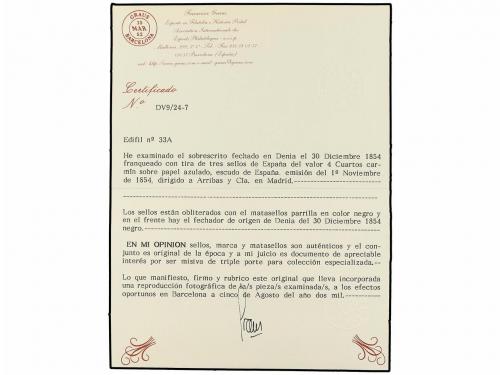 ✉ ESPAÑA. Ed. 33 (3). 1854. DENIA a MADRID. 4 cuartos carmín