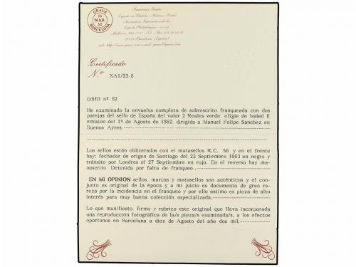 ✉ ESPAÑA. Ed. 62 (4). 1862. SANTIAGO a BUENOS AIRES. 2 reale