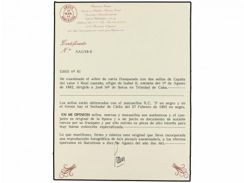 ✉ ESPAÑA. Ed. 61 (2). 1864. CÁDIZ a TRINIDAD DE CUBA. 1 real