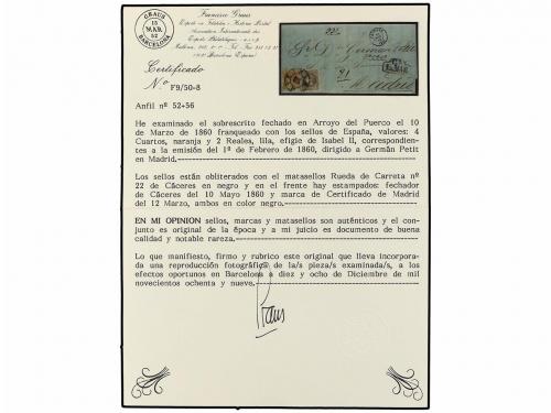 ✉ ESPAÑA. Ed. 52, 56. 1860. ARROYO DEL PUERCO a MADRID. 4 cu