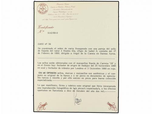 ✉ ESPAÑA. Ed. 56 (2). 1860. BADAJOZ a BUENOS AIRES. 2 reales