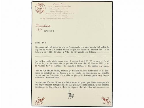 ✉ ESPAÑA. Ed. 51. 1862. ALICANTE a BILBAO. 2 cuartos verde, 