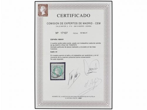 ° ESPAÑA. Ed. 51. 2 cuartos verde, mat. R.C. 42 de Sta. Cruz