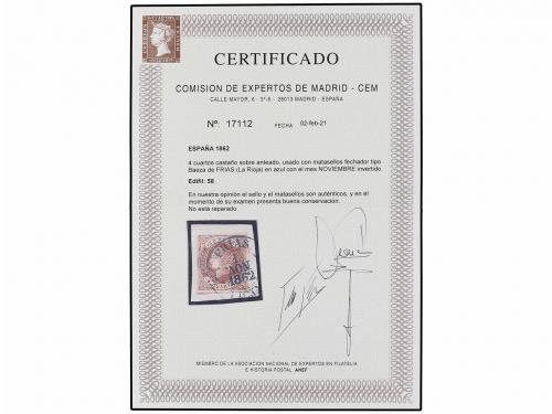 Δ ESPAÑA. Ed. 58. 4 cuartos castaño sobre pequeño fragmento,