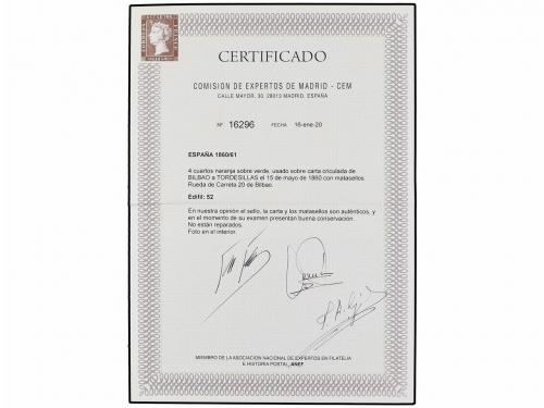 ✉ ESPAÑA. Ed. 52. 1860. BILBAO a VALLADOLID. 4 cuartos amari