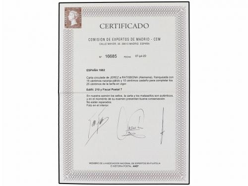 ✉ ESPAÑA. Ed. 210. 1887. JEREZ a ALEMANIA. 15 cts. amarillo 