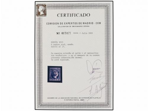 ° ESPAÑA. Ed. 21. 6 reales azul. PIEZA DE LUJO. Cert. CEM. 