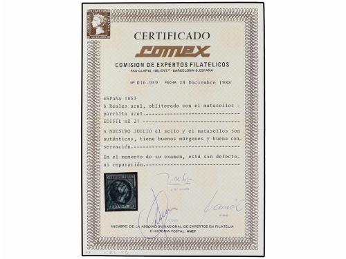 ° ESPAÑA. Ed. 21. 6 reales azul, mat. PARRILLA AZUL. PRECIOS