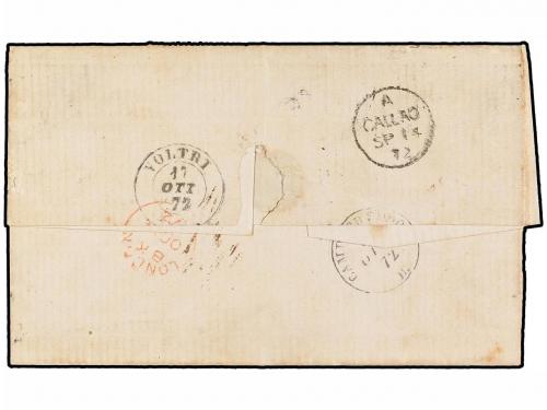 ✉ PERU. Sc. 14. 1872. LIMA a GENOVA. 1 dinero verde, tasada 