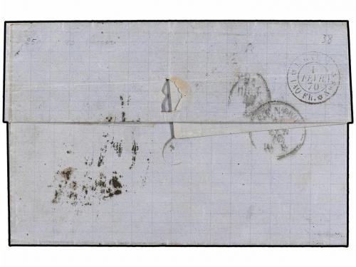 ✉ PERU. 1870. CALLAO a GENOVA. 5 cts. verde (2) tasada a la 