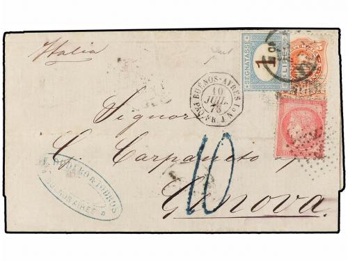 ✉ ARGENTINA. Sc. 20. 1873. BUENOS AIRES a GENOVA. Circulada 