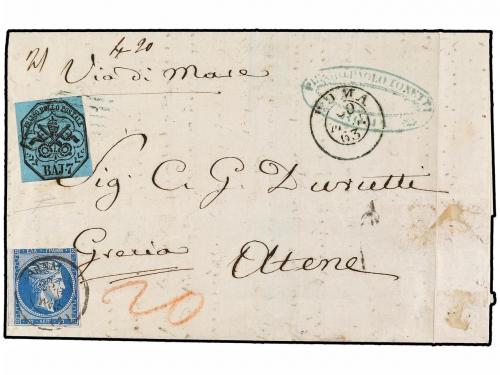 ✉ GRECIA. 1863. ROMA a ATENAS. 7 baj. azul y sello de Grecia