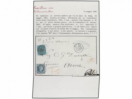 ✉ GRECIA. 1863. ROMA a ATENAS. 7 baj. azul y sello de Grecia