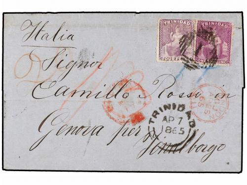 ✉ TRINIDAD. Sg. 70, 73. 1865. TRINIDAD to GENOVA (Italy). 4d