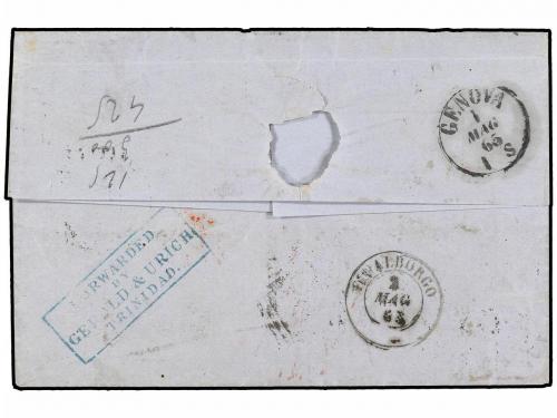 ✉ TRINIDAD. Sg. 70, 73. 1865. TRINIDAD to GENOVA (Italy). 4d