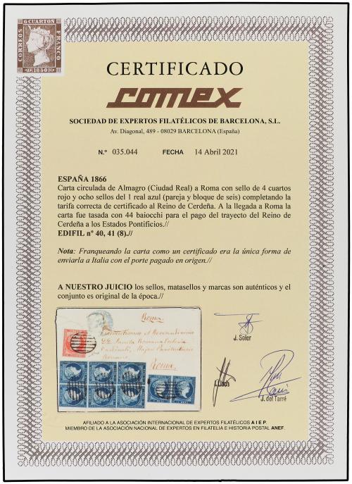 ✉ ESPAÑA. 1856. ALMAGRO a ROMA. 4 cuartos rojo y 1 real pare