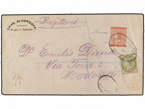 ✉ JAMAICA. Sg. 21, 22. 1895. KINGSTON to MODENA. 3d. olive g