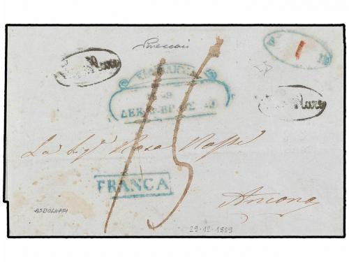 ✉ GRECIA: ISLAS JONICAS. 1859. CEFALONIA a ANCONA. Fechador 