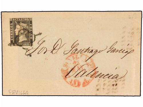 ✉ ESPAÑA. Ed. 1A. 1850. 6 cuartos negro. Conjunto de 3 front