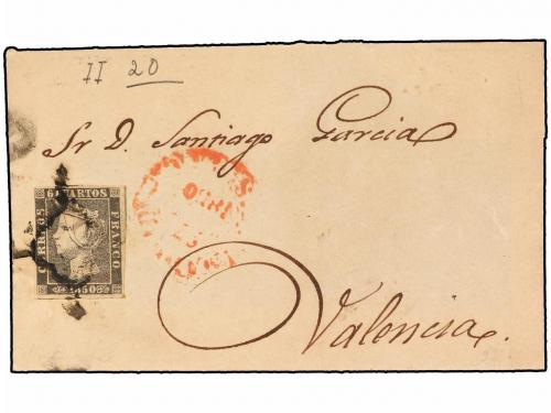✉ ESPAÑA. Ed. 1A. 1850. 6 cuartos negro. Conjunto de 3 front