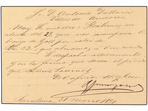 ✉ ANDORRA. 1891. BARCELONA a ANDORRA. Entero Postal de 10 ct