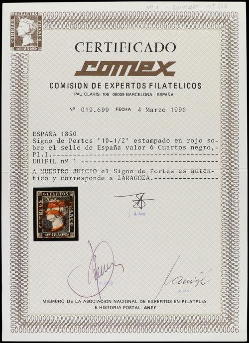 ° ESPAÑA. Ed. 1. 6 cuartos negro, mat. 10 1/2 de ZARAGOZA en