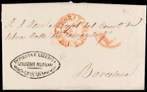 ° ESPAÑA. Ed. 1. 6 cuartos negro, pl. I, mat. ovalado comerc