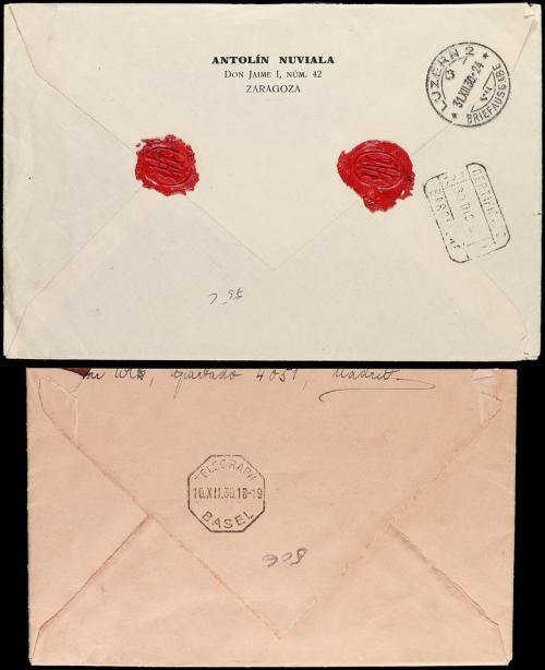 ✉ ESPAÑA. 1930. Dos cartas circuladas a SUIZA por correo cer