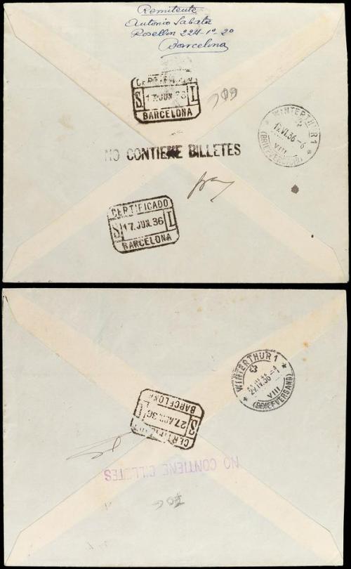 ✉ ESPAÑA. 1936. Dos cartas certificadas a SUIZA, preciosos f
