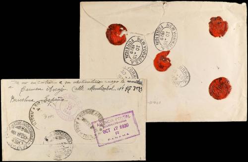 ✉ ESPAÑA. 1929-30. Dos cartas circuladas a PANAMÁ, una a la 
