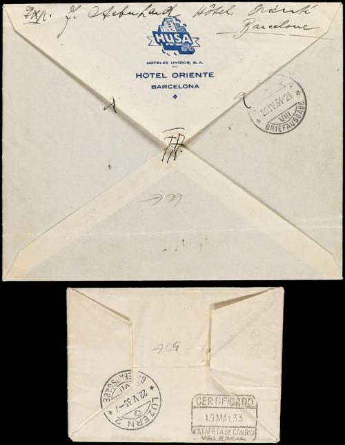 ✉ ESPAÑA. 1933-34. Dos cartas certificadas circuladas a SUIZ